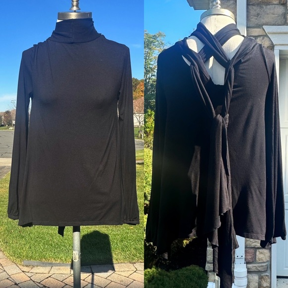 BLACK VERSATILE MOCK NECK TIE TUNIC TOP BLOUSE MEDIUM - Picture 2 of 8